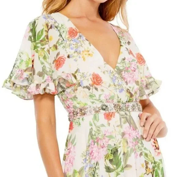 Mac Duggal Ivory Floral Print Faux Wrap Flutter Sleeve A Line Gown
